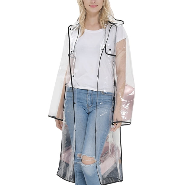 EeaseMX Chubasquero transparente de moda para niñas, con capucha, largo medio, ligero, impermeable negro (negro, talla L)