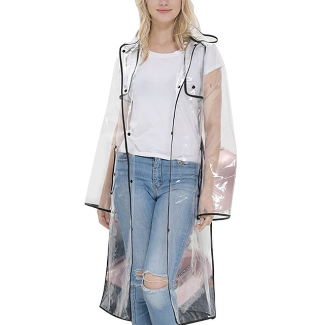 Chubasquero transparente de moda para niñas, con capucha, largo medio, ligero, impermeable negro (negro, talla L)