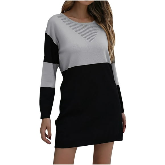 jovati Long Sleeve Dress for Women Fashion Womens Casual Round Neck Long Sleeve Ladies Knitted Sweater Mini Dress