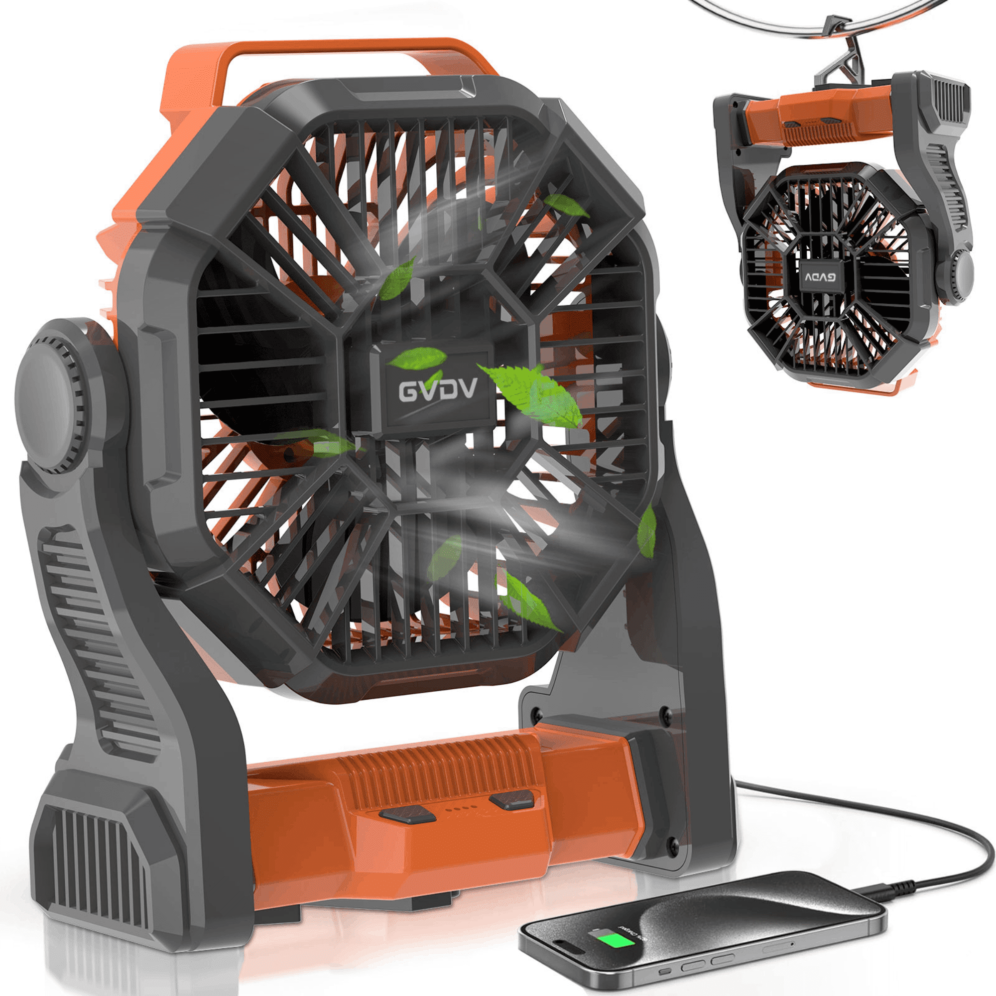GVDV Camping Fan with LED Lantern, Portable Battery Operated Outdoor Fan, Personal Rechargeable Desk Fan for Travel, Hiking, Fishing, Picnic, Orange