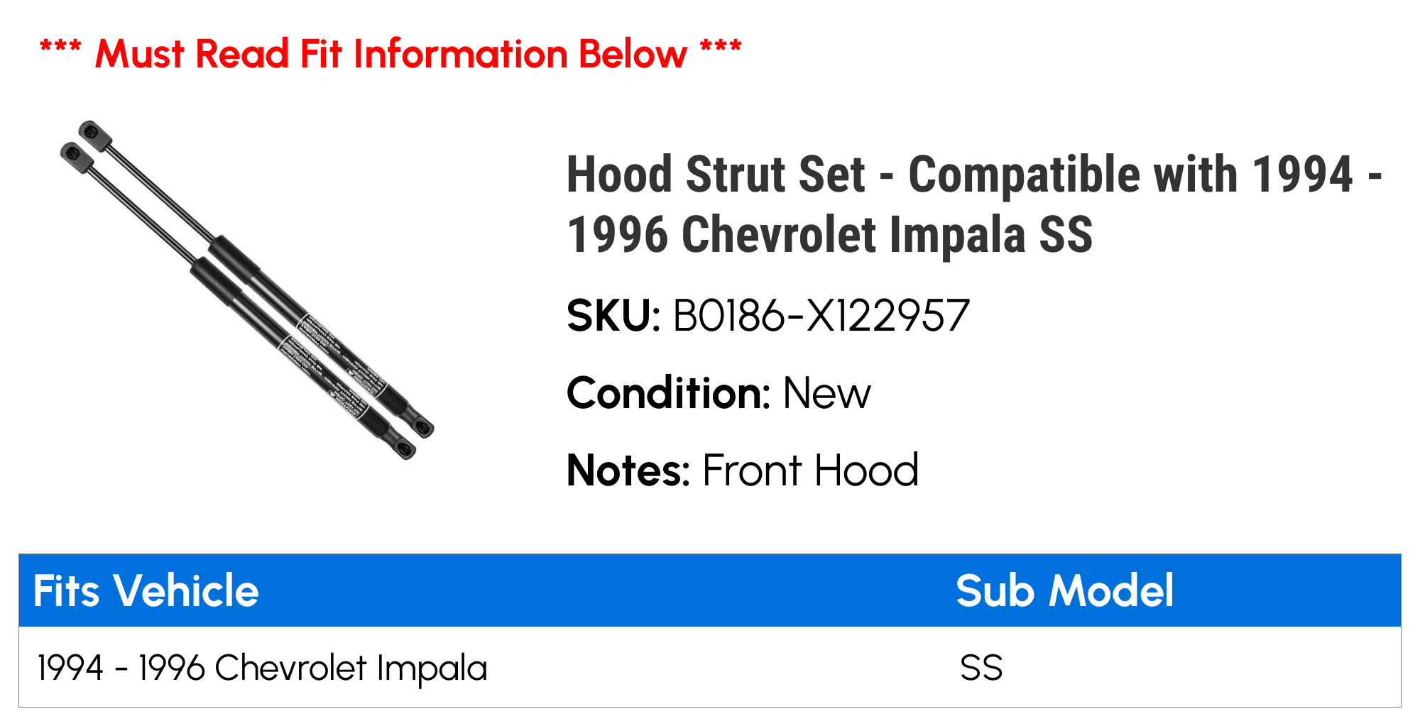 Hood Strut Set - Compatible with 1994 - 1996 Chevrolet Impala SS - Autopart Premium