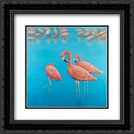 206 Matt - Group of Flamingos 2x Matted 20x20 Black Ornate Framed Art Print by Atelier B Art Studio