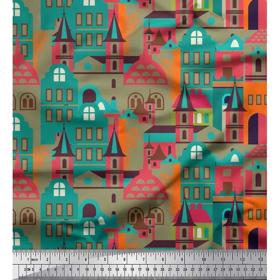 Soimoi Green Cotton Voile Fabric Architectural Structure Architectural Printed Fabric 1 Yard 42 Inch Wide