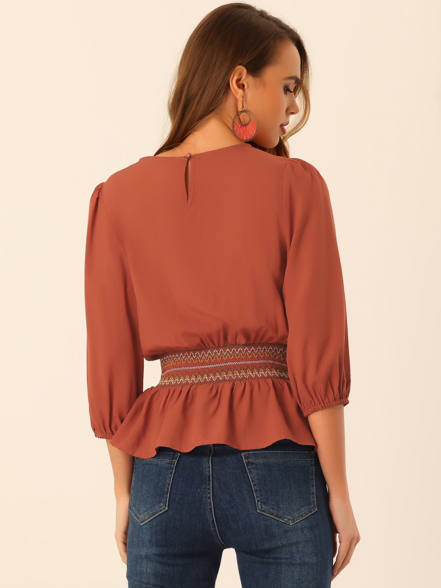 DARING DIVA Peplum Top Puff Smocked Waist Blouse S Orange
