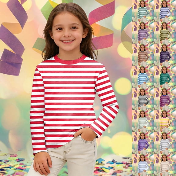 RTKFRFLM Kids Striped Long Sleeve T-Shirt Crewneck Casual Top for Boys and Girls Ages 3-14 Lightweight Shirt for School Spring and Fall Daily Wear