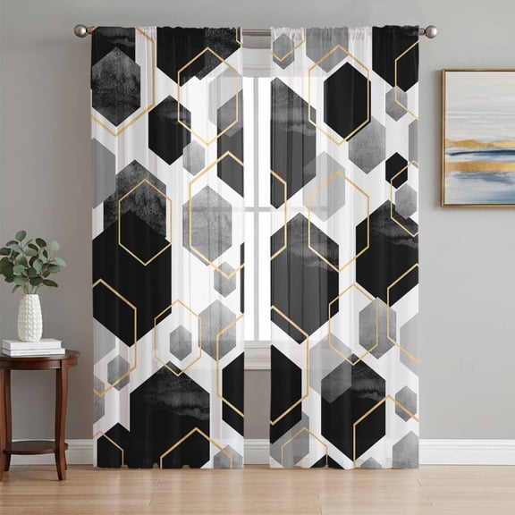 Black Grey Sheer Curtains 63 Inch Length 2 Panels Set, Geometric Gold White Hexagon Modern Voile Window Treatment Rod Pocket Curtains Sheers Drapes for Bedroom/Living Room/Kitchen 52x"63"x2