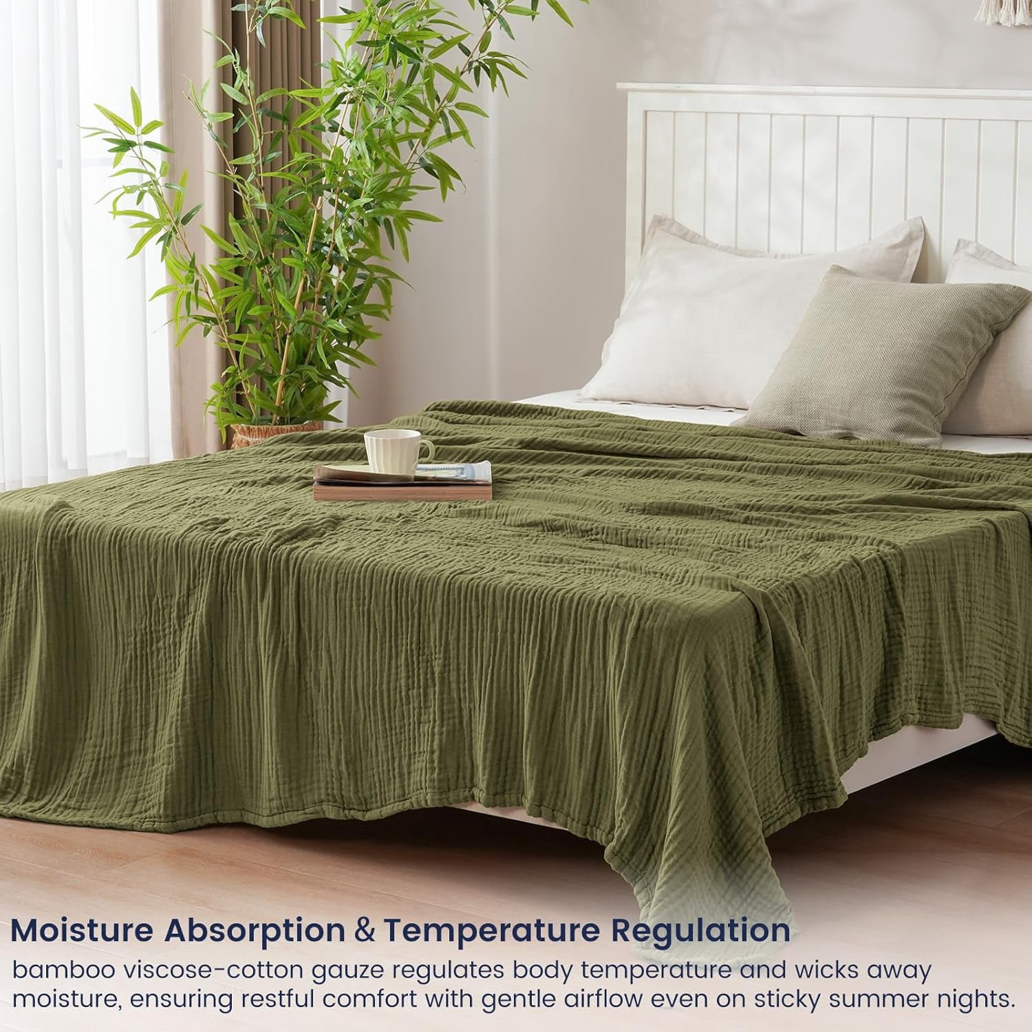PHF Cooling Muslin Twin Blanket for Hot Sleepers, 4-Layer Breathable Bamboo Rayon & Cotton Gauze, Lightweight Summer Blanket for Bed or Couch, 66" x 90", Burnt Olive