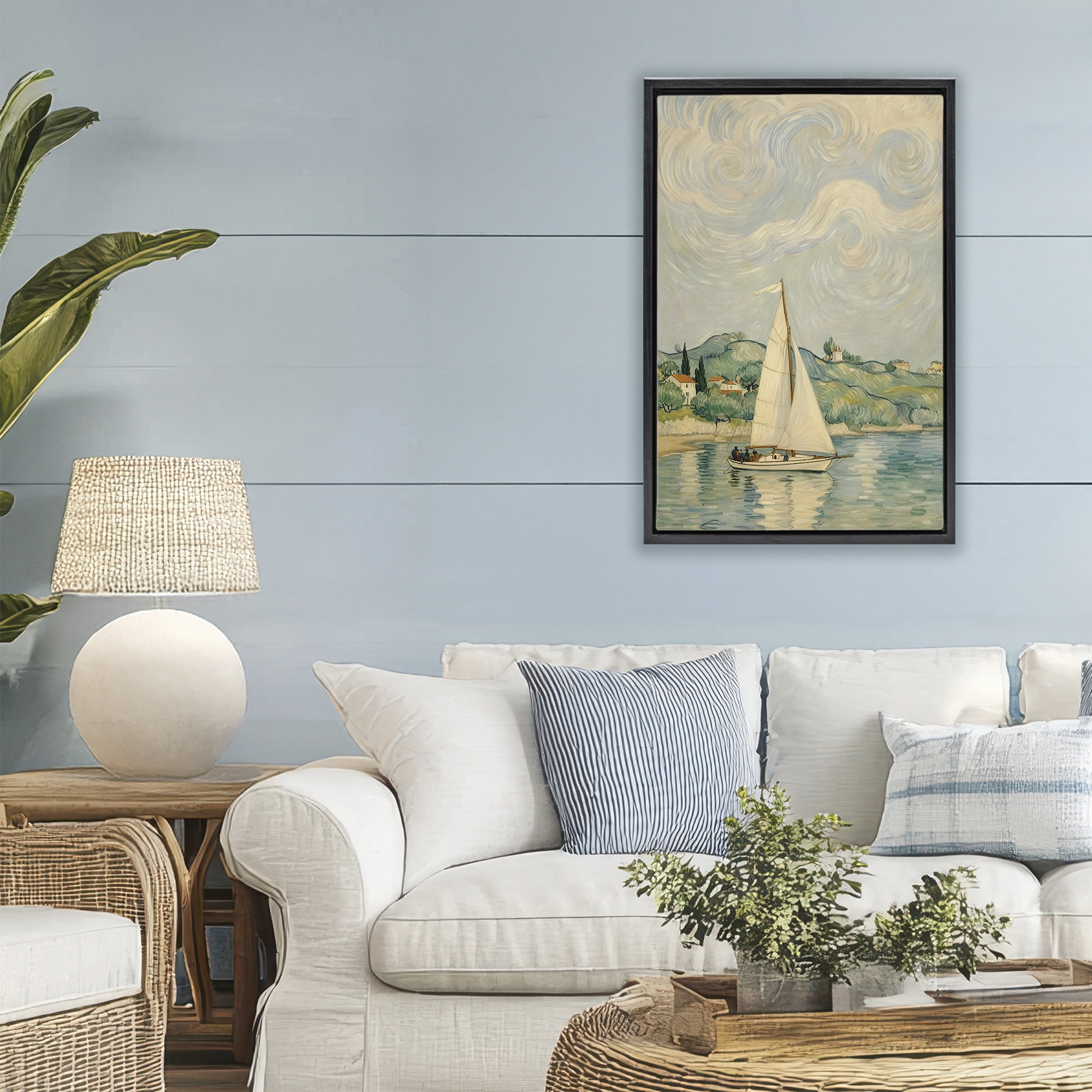Stupell Industries Sailboat Beneath Swirling Clouds Black Framed Floater Canvas Wall Art, design by Angie Hawke