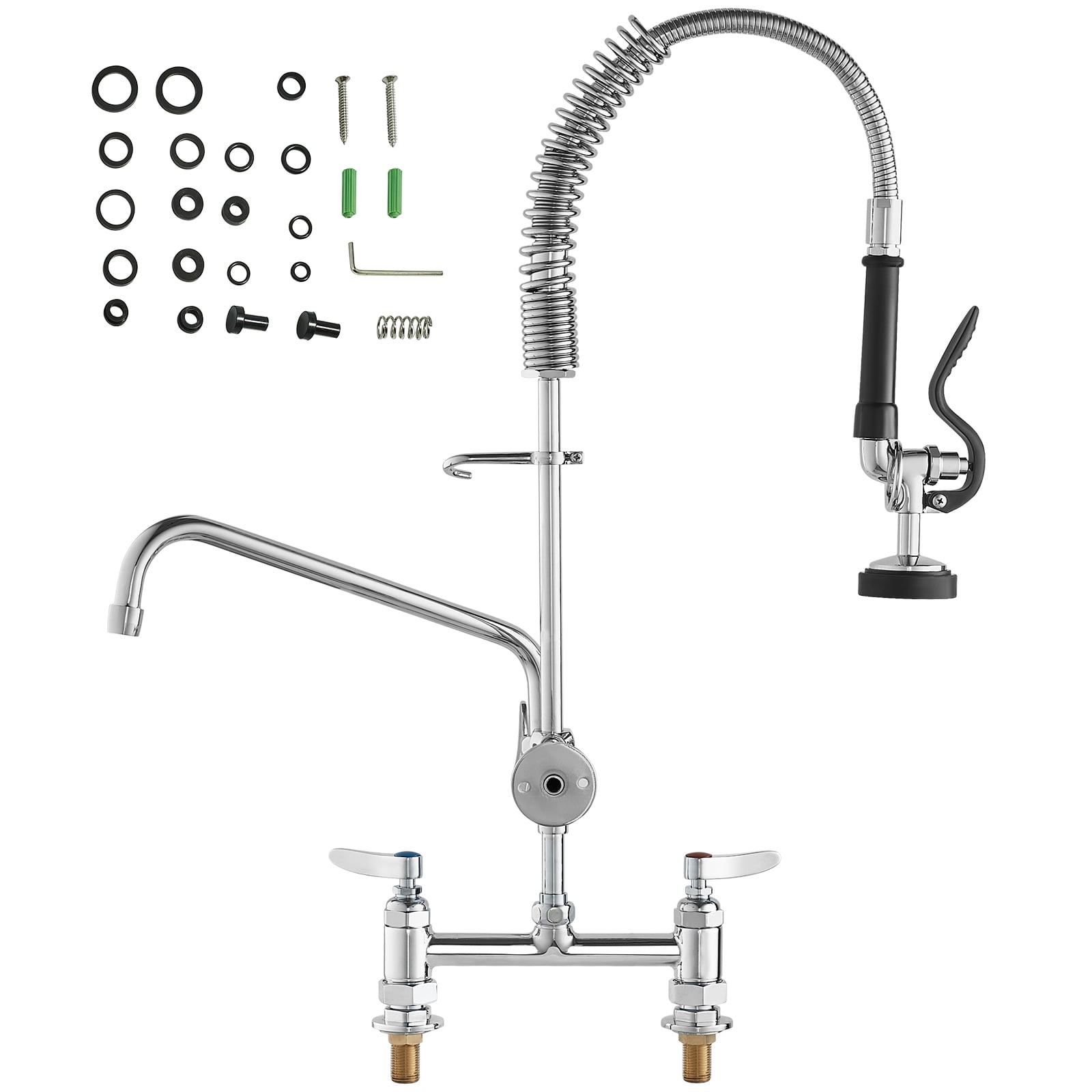 KFFKFF Deck Mounted Kitchen Faucet, 26" Tall, 8" Center, Includes 12" Rotating Spout and Pre-Rinse Spray, Brass Build, Suitable for 1/2/3 Section Sinks with Pull-Down Feature