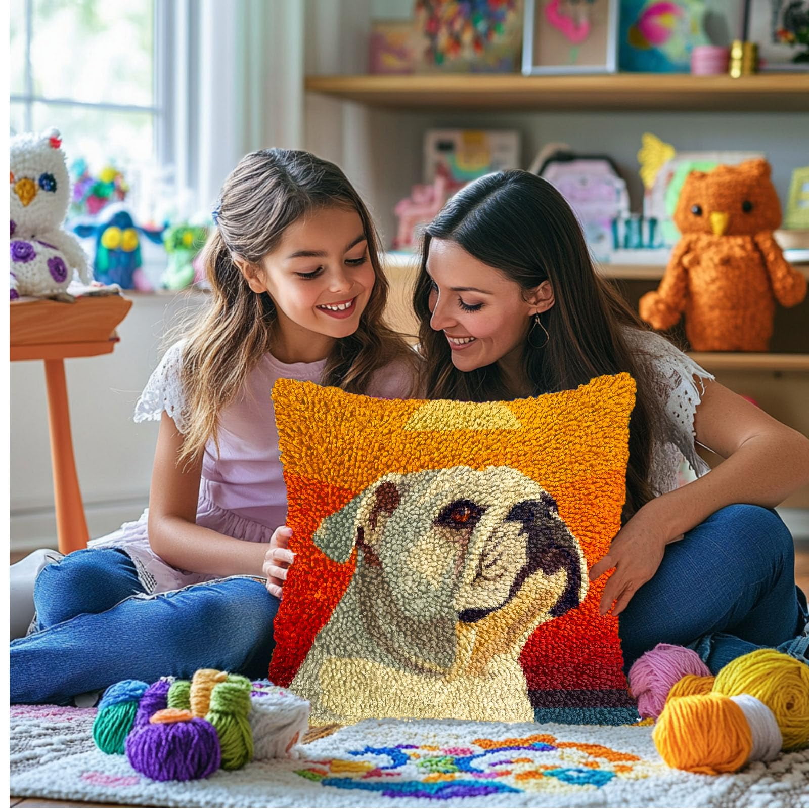 DIY Latch Hook Pillow Kits for Adults English Bulldog with Sunset Printed Pillowcase Crochet Yarns Hooking Handmade Pillow Cover Cushion for Home Sofa Decoration 17x17inch-1
