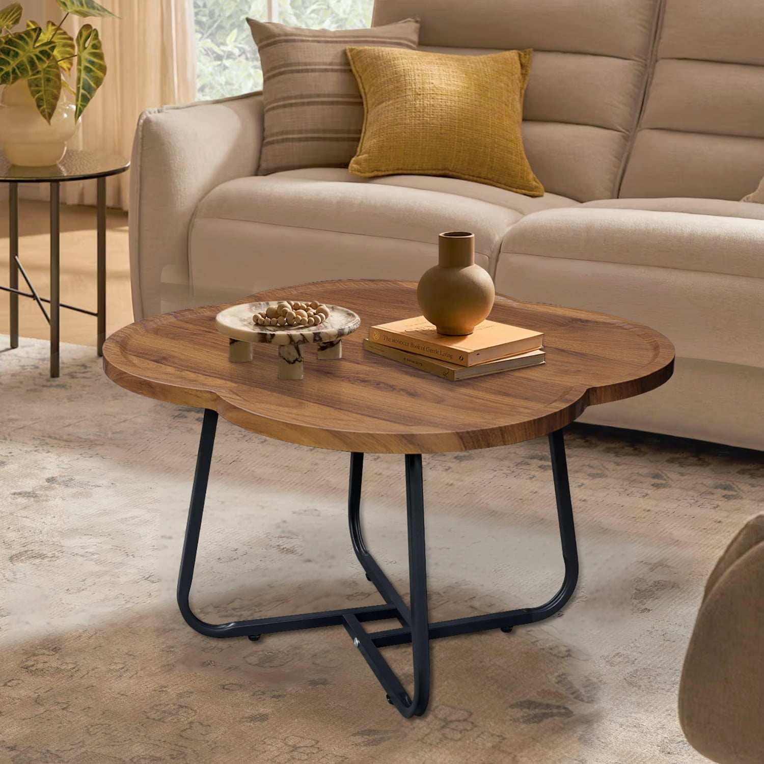 CERBIOR Vintage Modern Small Round Coffee Table, Living Room Centerpiece, Wooden Surface Top & Sturdy Metal Legs, Minimalist Display Side Table (Wood Flower)