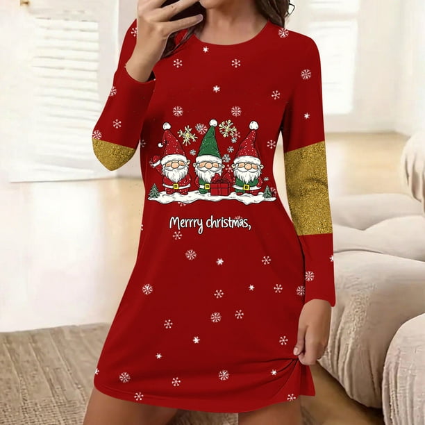 Camisón corto holgado y cómodo con cuello redondo y manga larga estampado para mujer