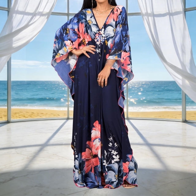 XUNKUSGA Grande Taille Sorties de Plage pour Femmes Mode Robe Caftan à Manches Chauve-Souris Ample Confortable Douce d'Été à Imprimé Floral Robe Maxi, Rouge, Taille Unique