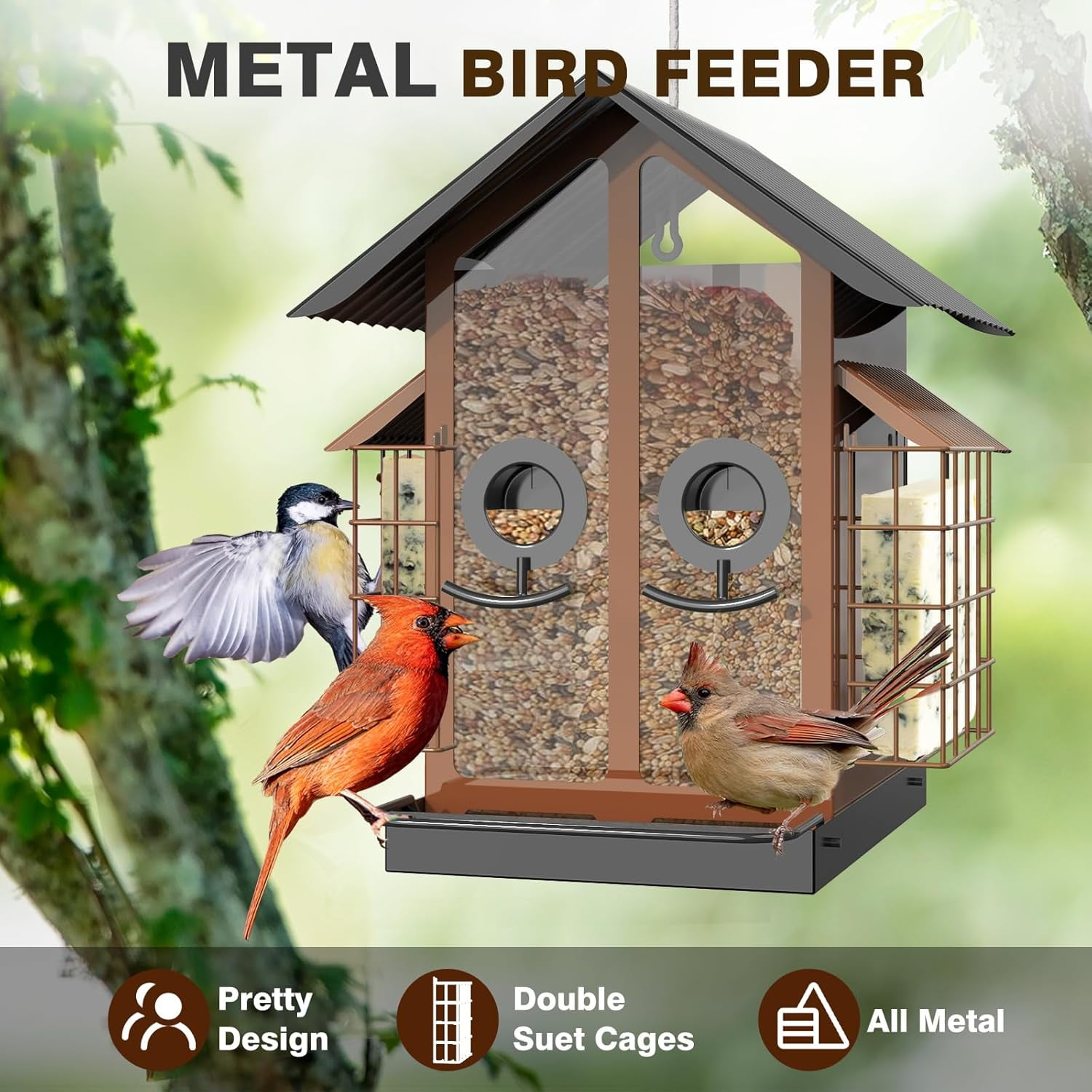 Bird Feeders for Outdoors, Metal Bird Feeder with Double Suet Cage Weatherproof Metal Roof, 2 in 1 Mixed Seeds Suet Feeder, 4Lbs Large Capacity, Great for Finch、Cardinal、Chickadee（Green）