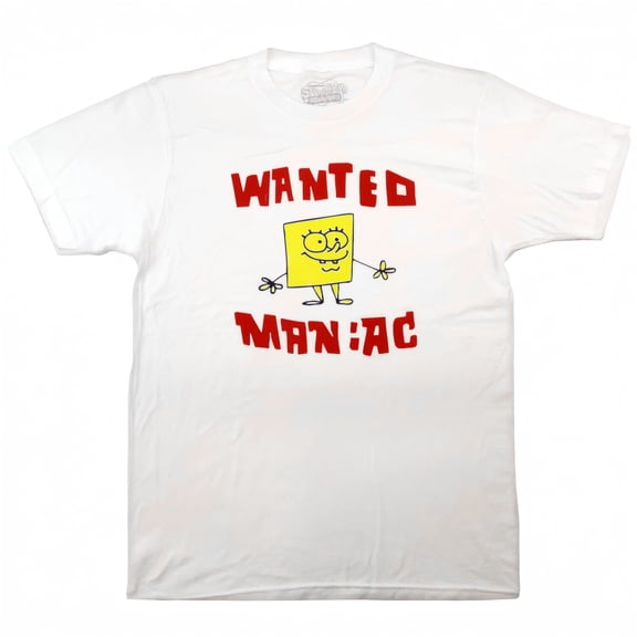 Spongebob Squarepants Wanted Maniac on White Short Sleeve Adult T-Shirt-Large