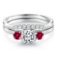thumbnail image 3 of Gem Stone King 10K White Gold Lab Grown Diamond and Red Created Ruby 3 Stone Bridal Engagement Wedding Ring Set for Women | 1.07 Cttw | 5MM and 3MM Cushion Cut | Gemstone April Birthstone | Size 9, 3 of 6