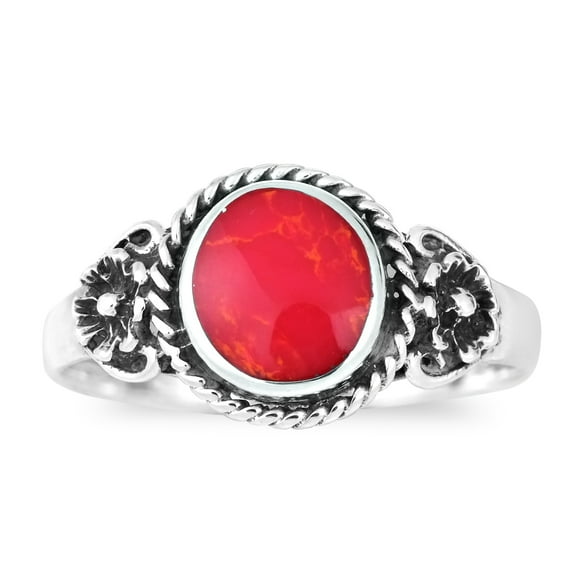 Daisy Floral Embrace Red Coral Sterling Silver Ring-7