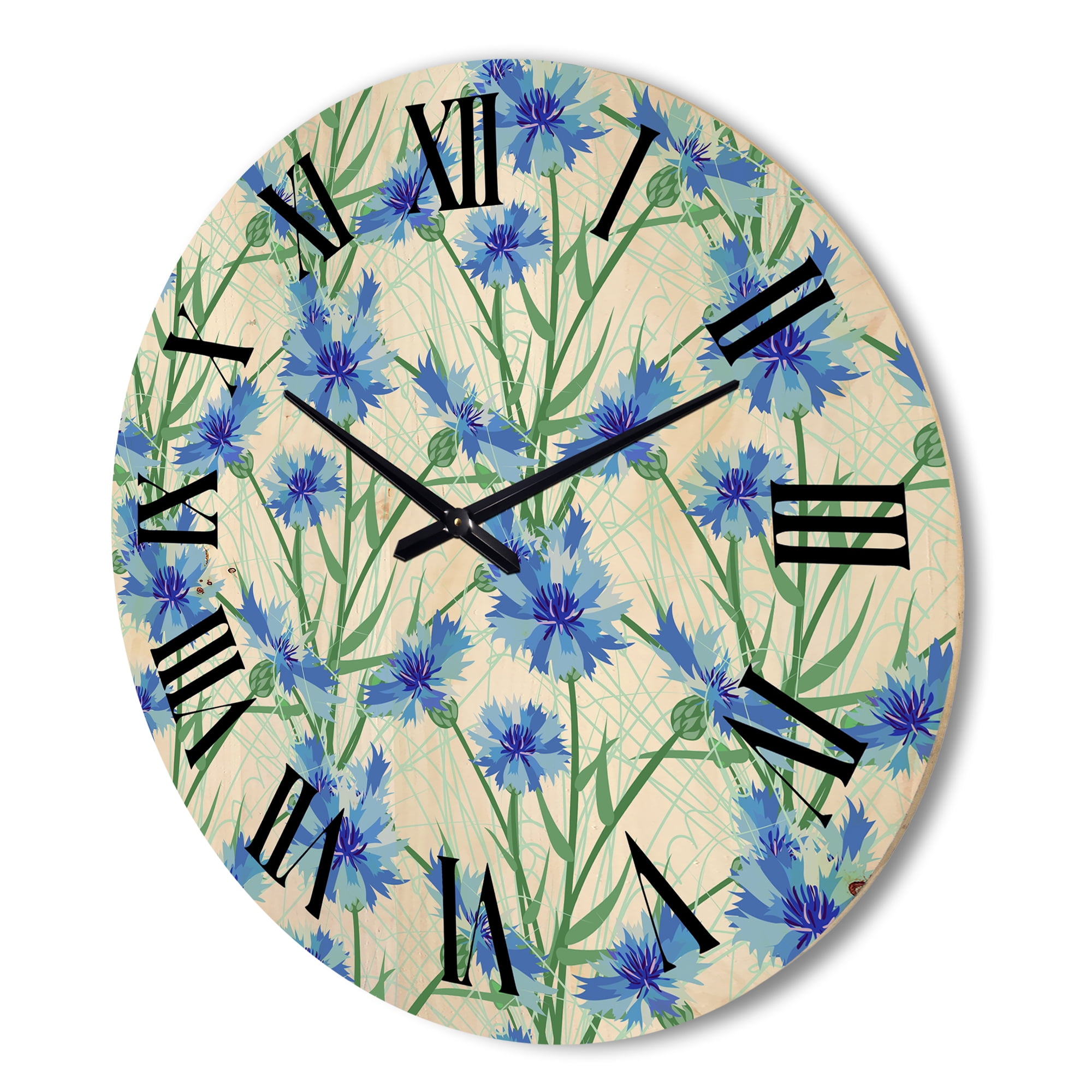 Designart 'Blue Cornflowers With Green Leaves On White I' Traditional Wood Wall Clock