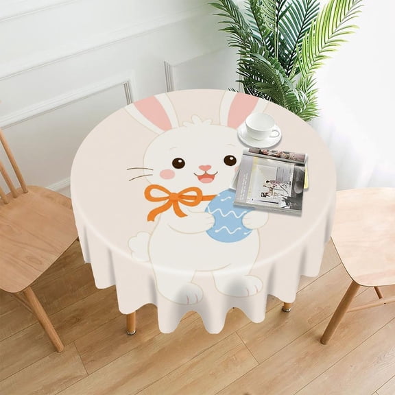 GooTPa 60 Inch Round Tablecloth, Easter Bunny Holding Egg Premium Polyester Straight Edge Wrinkle Resistant Washable Table Cover for Home Dining Party Decor