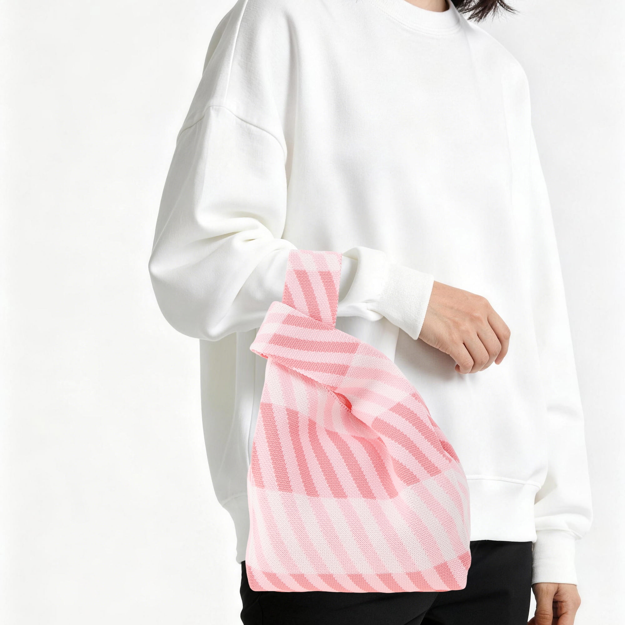 Unique Bargains Diagonal Stripes Knitted Wrist Bag Pink Beige 1 Pc