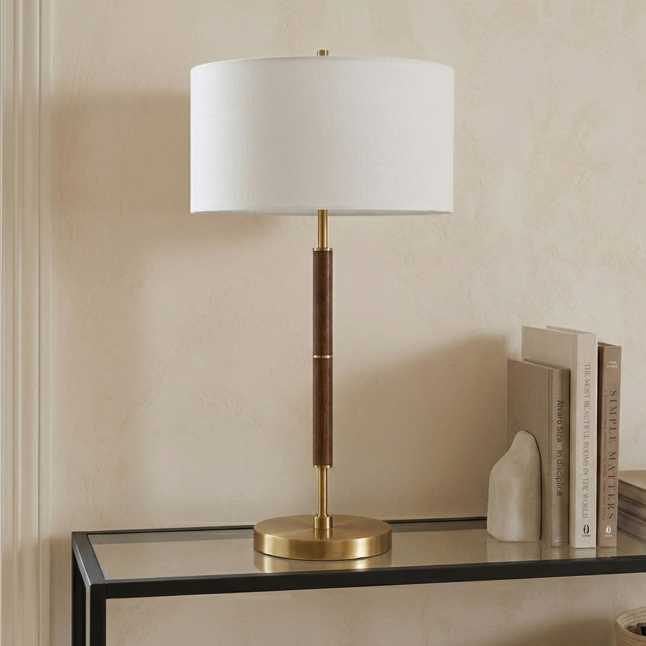 Evelyn&Zoe Simone 25" Tall 2-Light Table Lamp with Fabric Shade, Rustic Oak/Brass/White