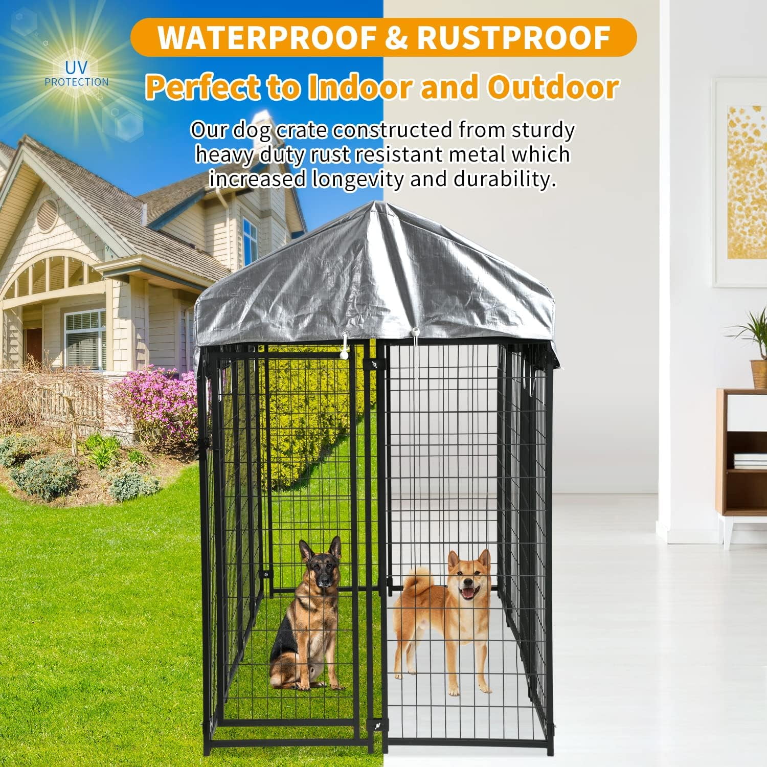 Dkelincs Large Dog Kennel 8'L x 4'W x 6'H Heavy Duty Outdoor Dog Crate Cage with Roof and Waterproof Cover, Black