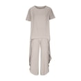 thumbnail image 6 of HAPIMO Women's Workout Sets Daily Tracksuit Outfits 2 Piece Solid Cotton Spring Holiday Fall Short Sleeve Round Neck Tops Elastic Waist Pants LoungeWear Casual Comfy Beige XXXXL, 6 of 8