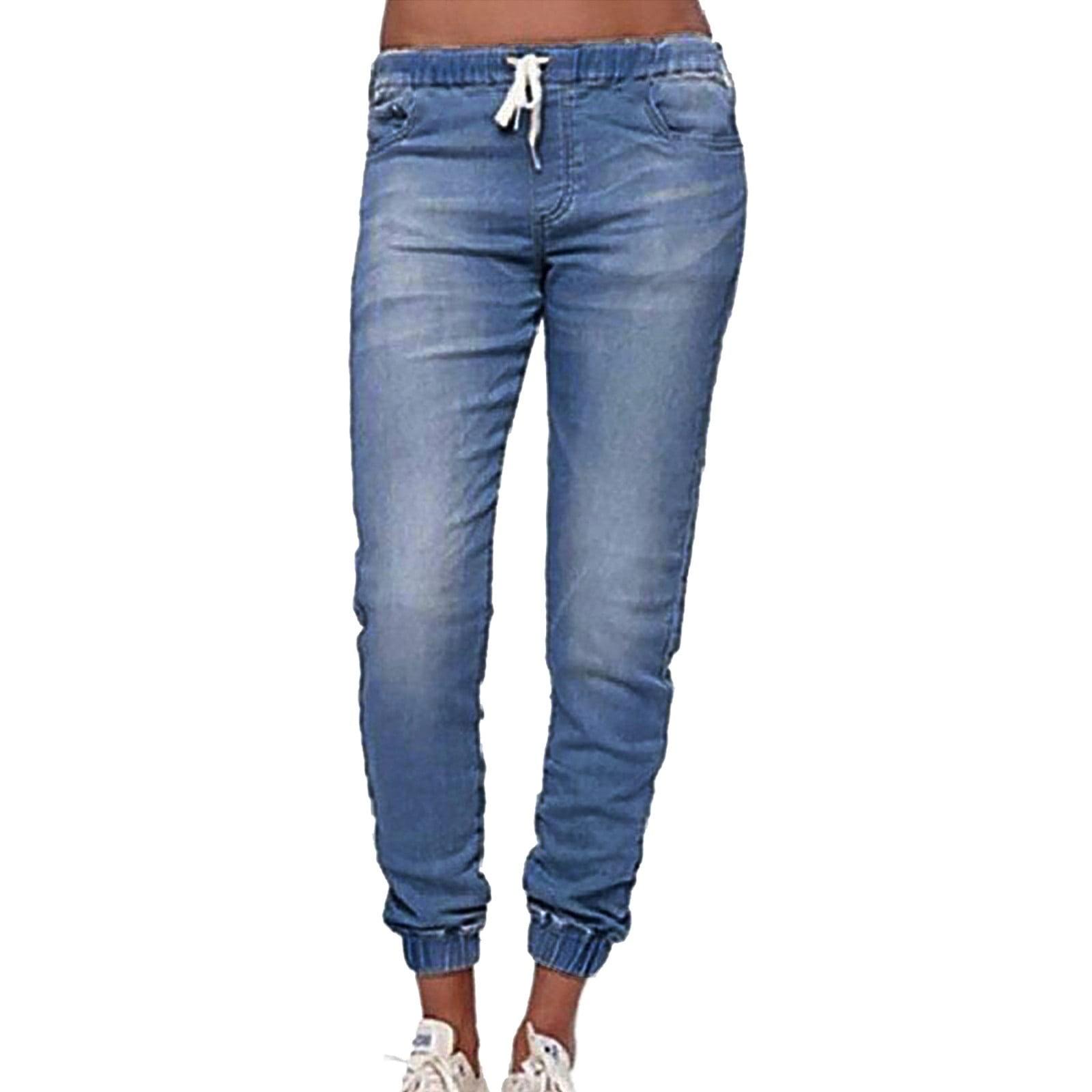 EQWLJWE Plus Size Denim Pants for Women Casual Elastic Waist Drawstring  Trousers High Waist Classic Indigo Jean Leggings - Walmart.com