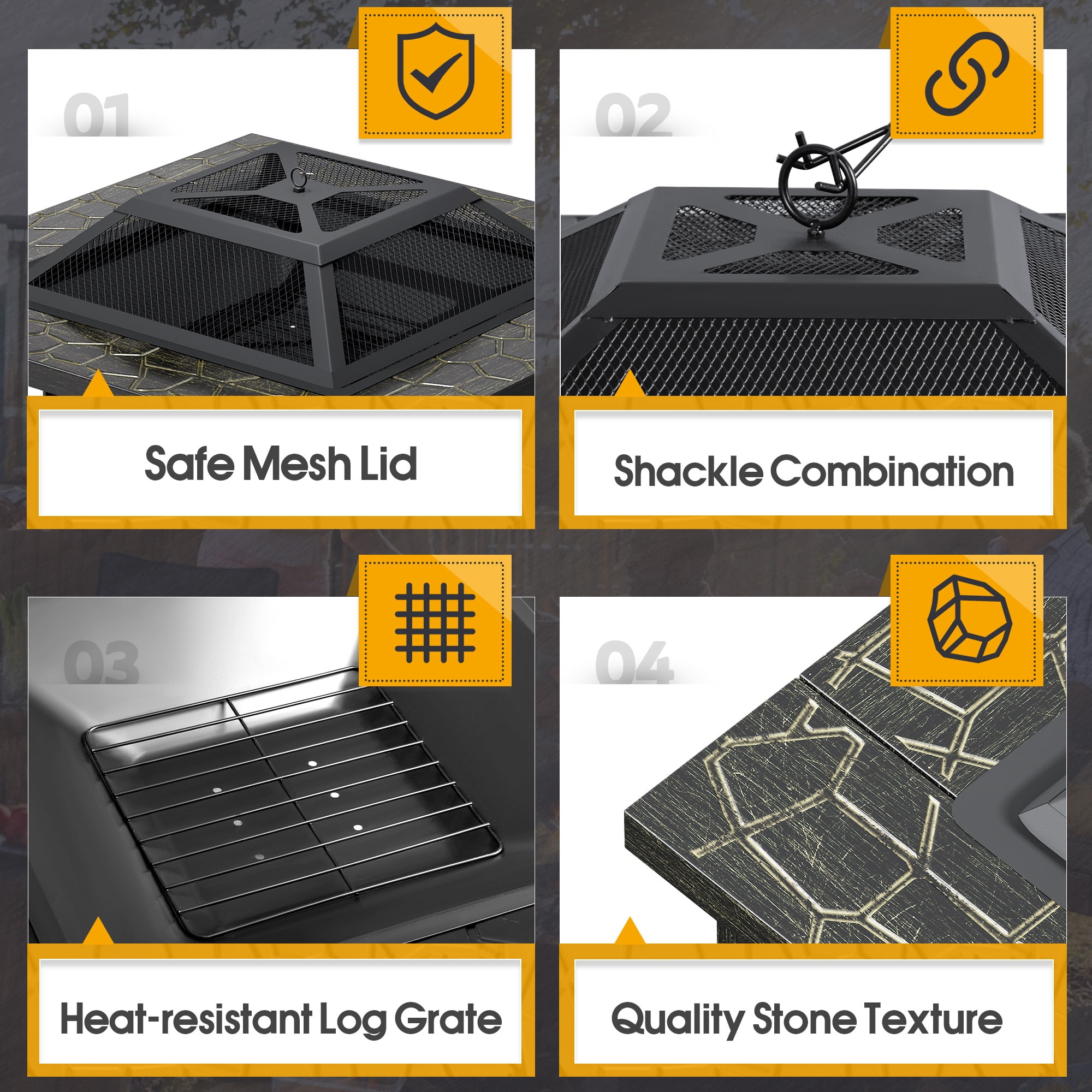 Lacoo 32" Patio Square Fire Pit Table for Patio Backyard BBQ, Ice Storage with Mesh Lid, Poker and Cover, Gold