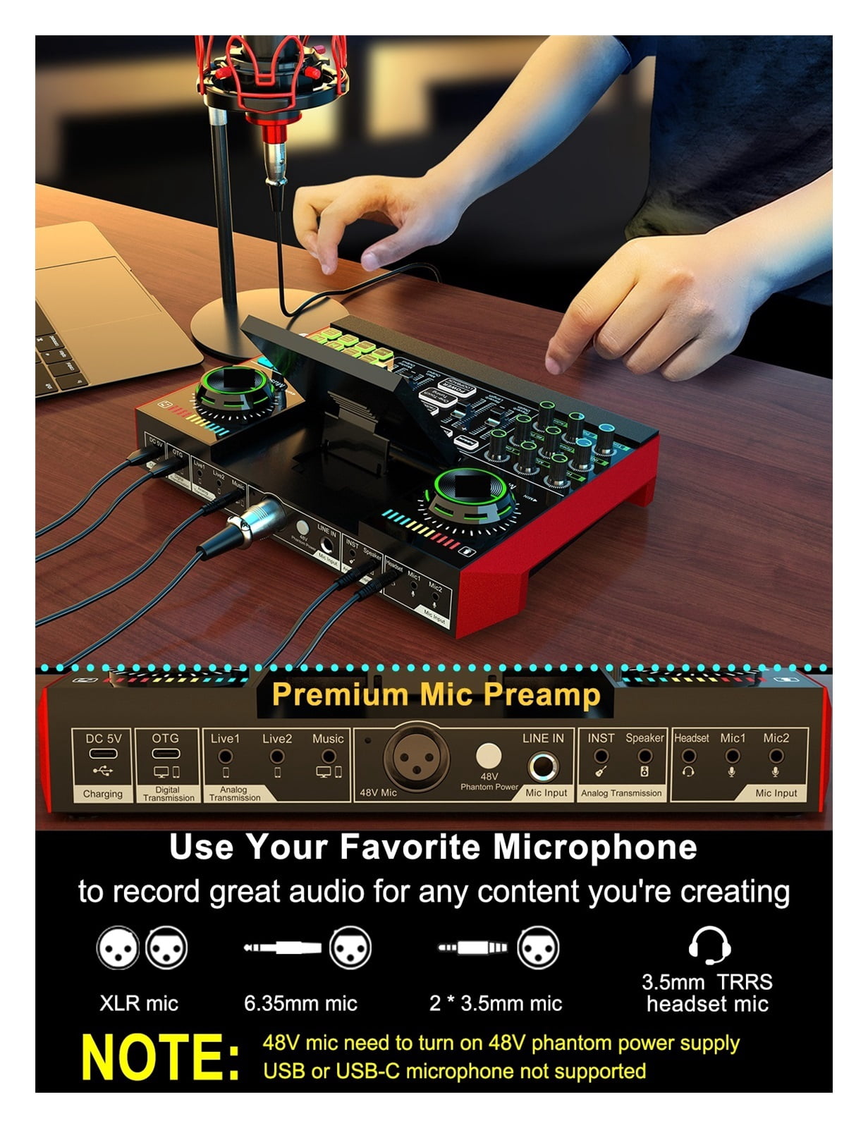 Audio Interface USB Podcast Equipment Bundle Mixer & Vocal Effects, G10 Sound Card Board Voice Changer, DJ Mixer For Live Stream ,Clear Sound