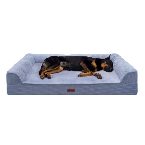 FurHaven Jumbo Plus (53"x40") Cooling Gel Dog Bed – Cool Gel Memory Foam Sofa Pet Bed, Embossed Velvet, Removable Washable Cover, Steel Blue