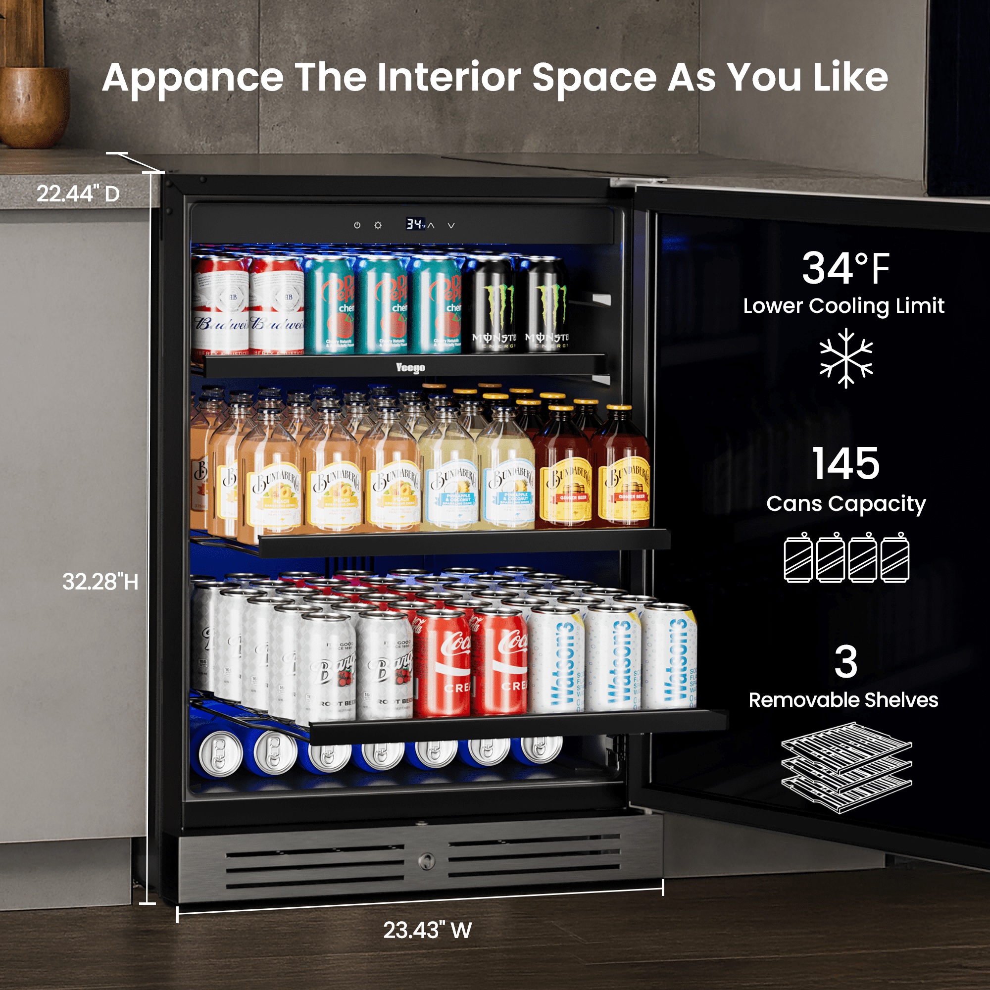Yeego 24 Inch Beverage Refrigerator, Beverage Cooler with Stainless Steel Door, Built-in Outdoor Refrigerator for Soda, Beer, Wine