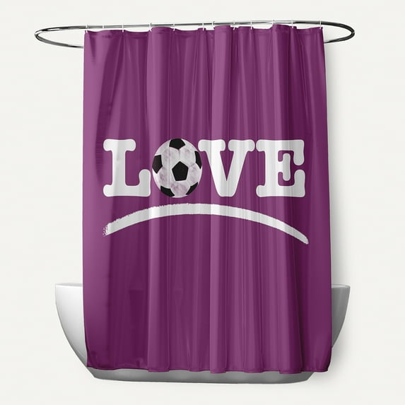 Simply Daisy 70" W x 73" H Love Soccer, Word Print Polyester Shower Curtain, Purple