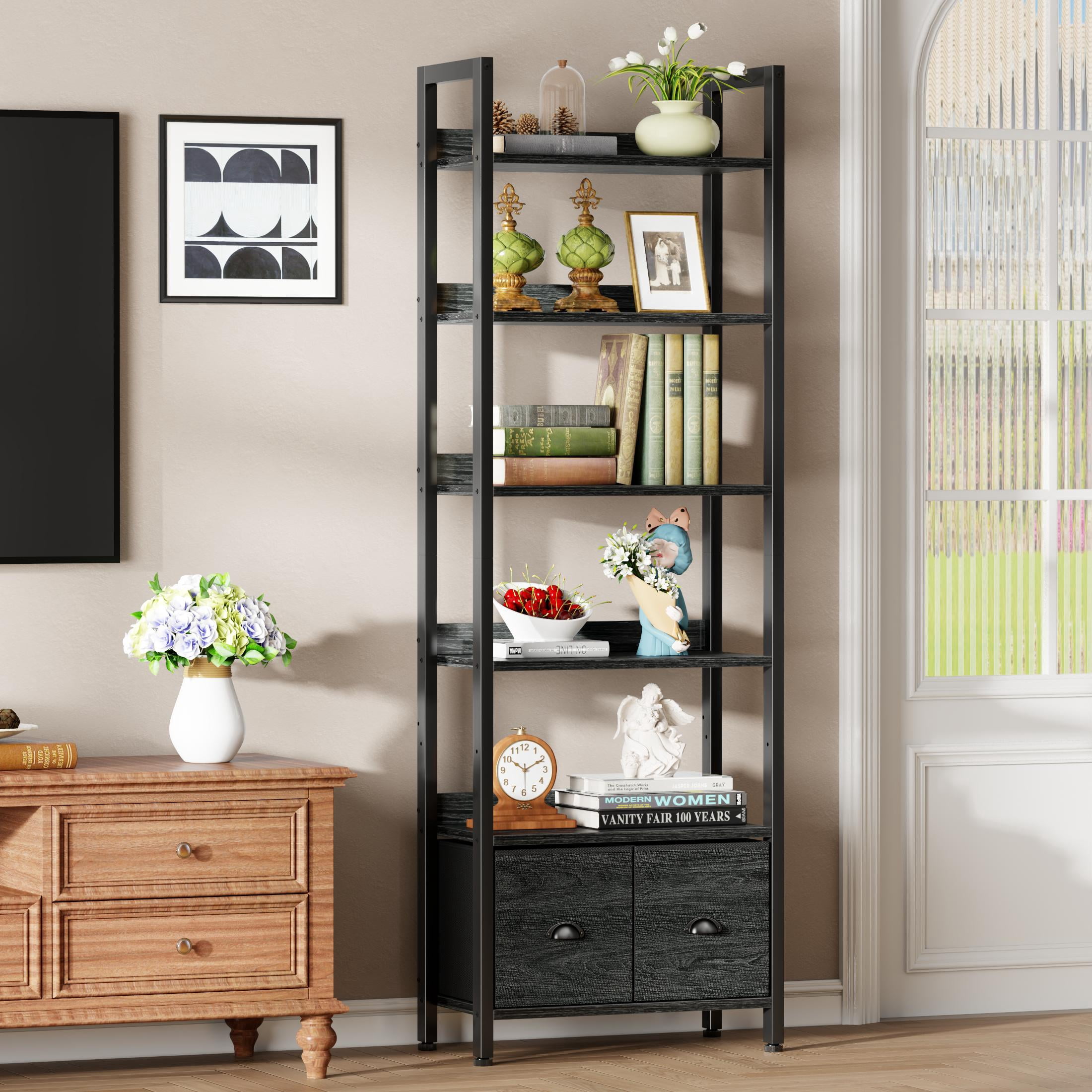 Satifur 6 Tier Black Industrial Bookshelf, Tall Storage Shelving Unit with 2 Detachable Drawers, Anti-Tip & Waterproof Boards for Living Room, Bedroom
