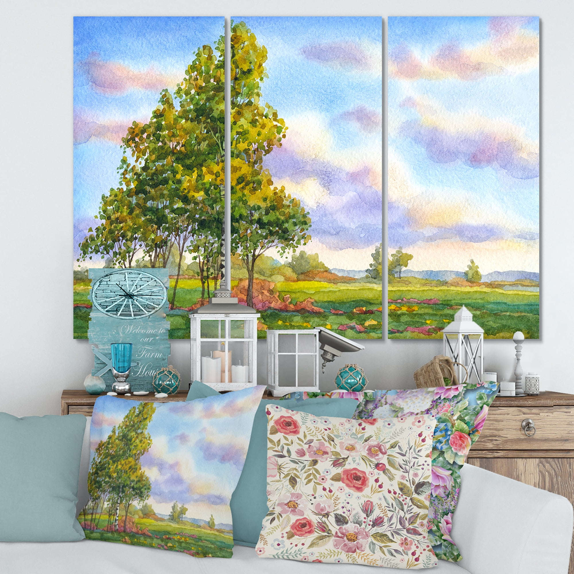Designart ' The Trees In The Evening Landscape Field ' Traditional Canvas Wall Art Print