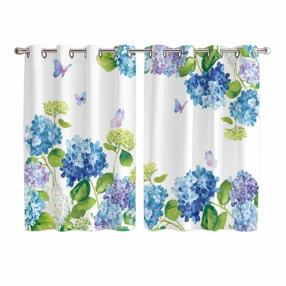 Blue Hydrangea Kitchen Curtains Window Panels, Farmhouse Butterfly Spring Floral Insulated Window Treatment Curtain, Grommet Curtains for Bedroom/Living Room/Bathroom, 2 Piece 52"Wx72"L