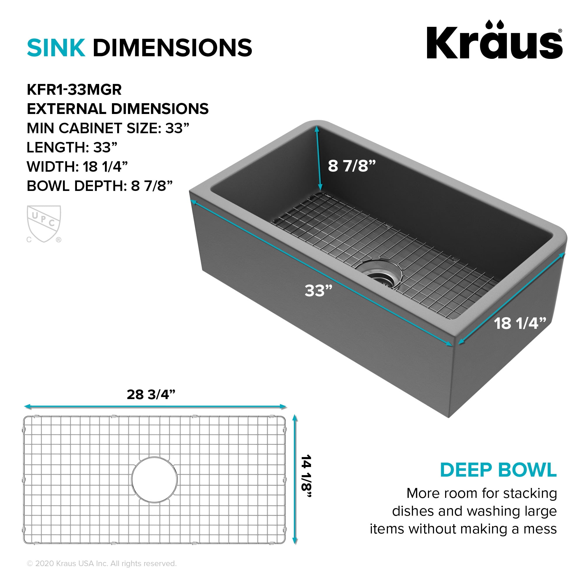 Kraus Turino 33 inch Farmhouse Reversible Apron Front Fireclay Single Bowl Kitchen Sink in Matte Grey