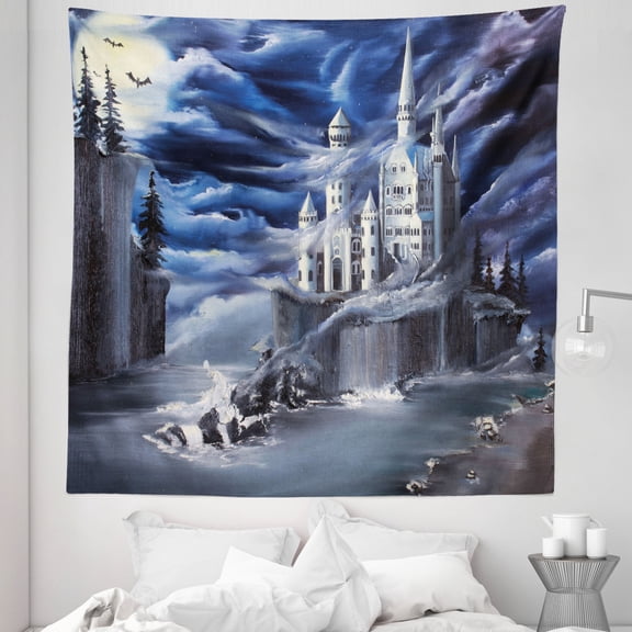 Fantasy Tapestry, Island with Castle Full Moon Cloudy Dramatic Sky Foggy Weather, Fabric Wall Hanging Decor for Bedroom Living Room Dorm, 5 Sizes, Dark Blue Grey White, by Ambesonne
