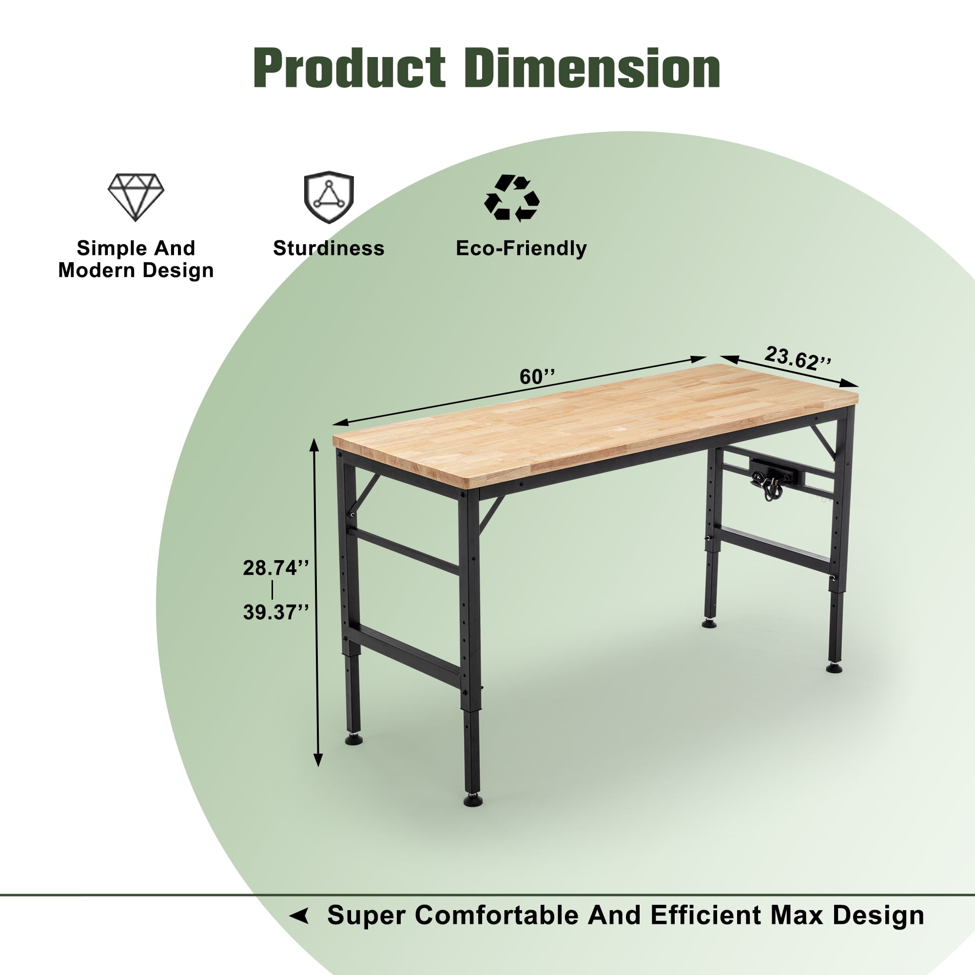 Adjustable Height Workbench, 60" Rubber Wood Top Heavy Duty Workstation with Power Outlets, 2000 LBS Load Capacity Hardwood Worktable for Workshop, Garage, Office, Home, Commercial