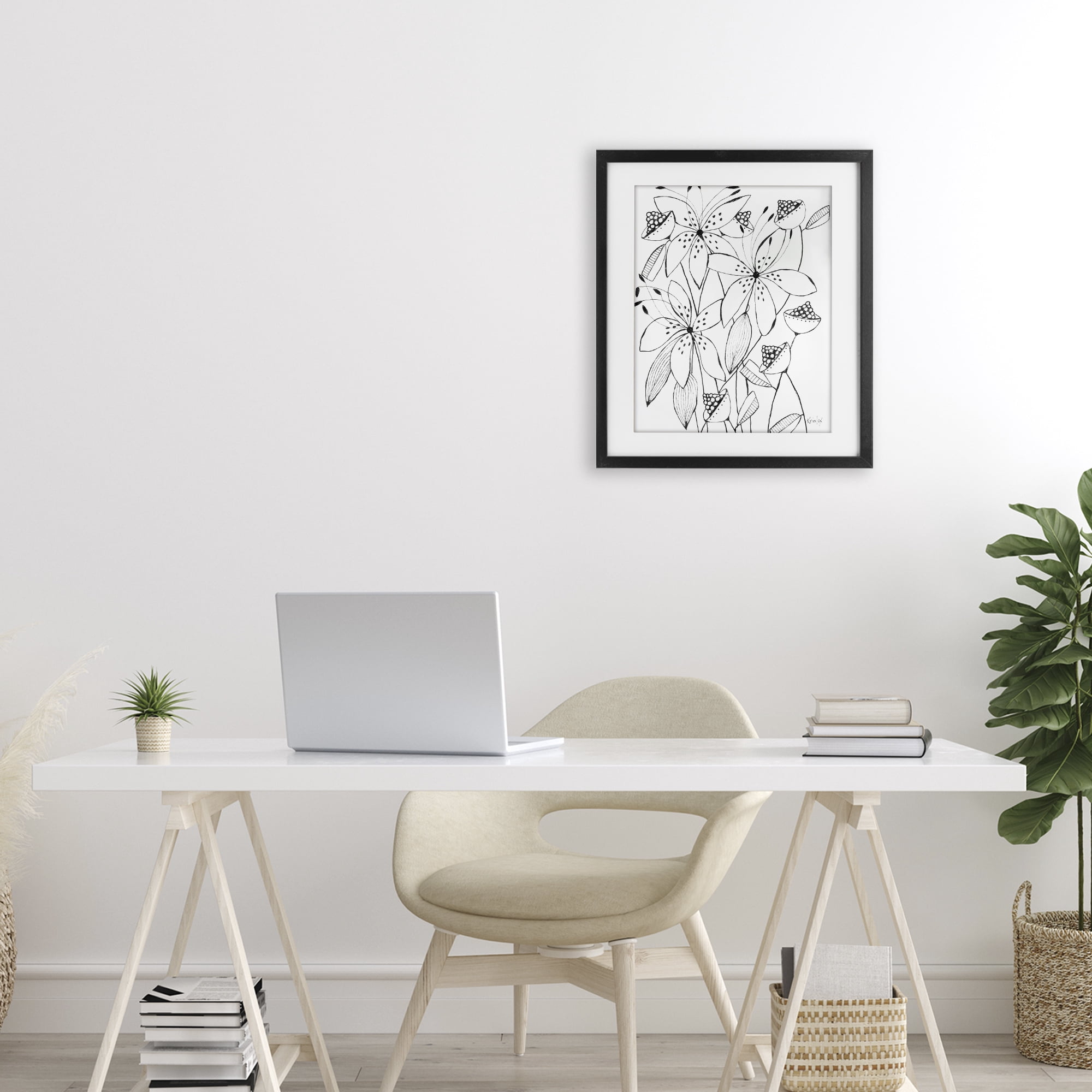 Stupell Industries Open Blooms Outline Black Framed Print Under Glass, design by Krinlox