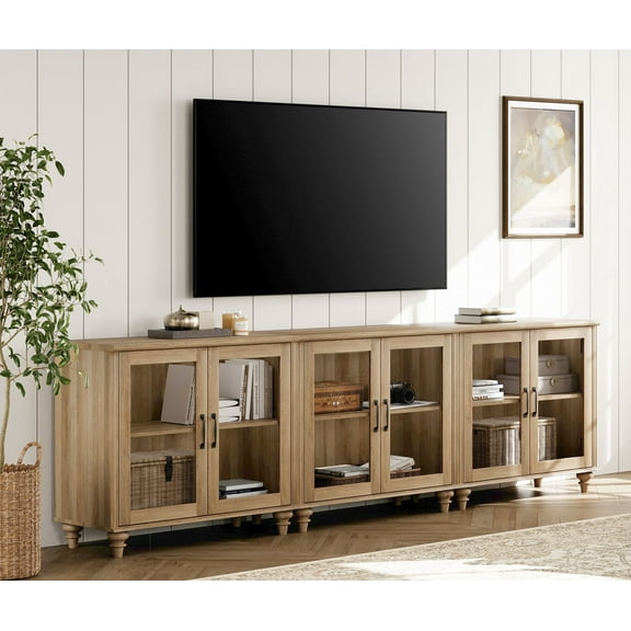 Oak Farmhouse TV Stand for 85 inch TV with 6 Glass Doors