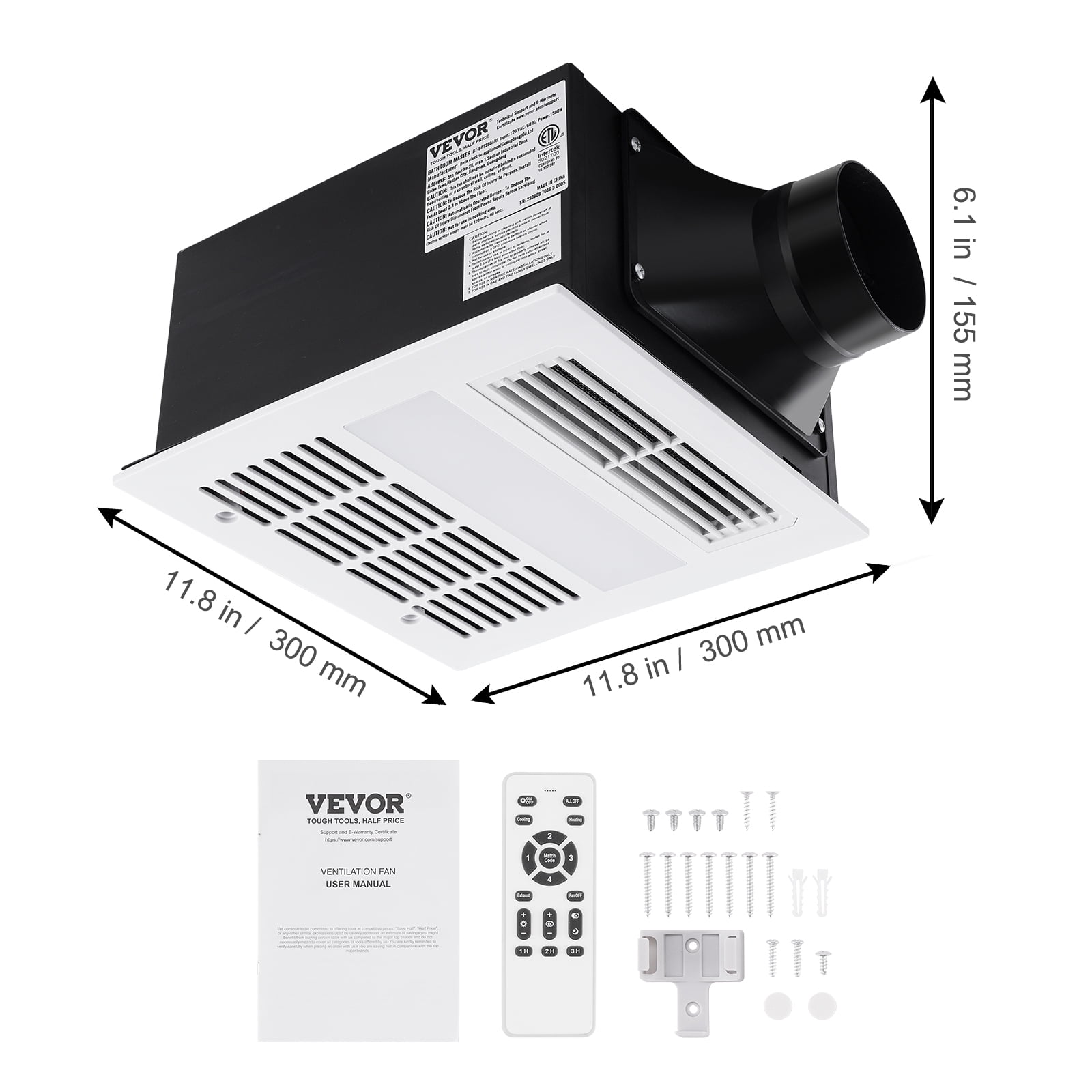 VEVOR Bathroom Exhaust Fan, 1500W Heating, 110 CFM High-Efficiency Ventilation, 1.5sones Low Noise Operation, Energy-Saving Bathroom Ceiling Fan, For Various Ceilings