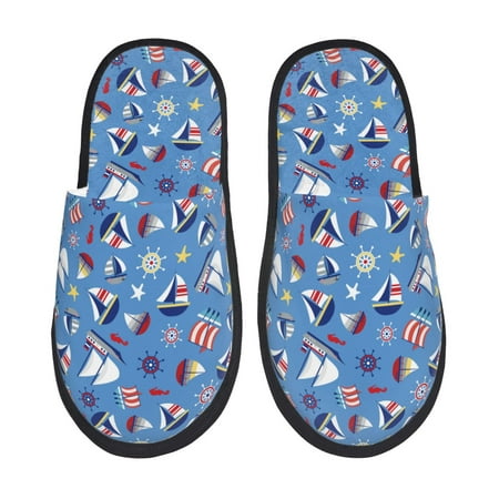 

Fuzoiu Colorful Sailing Ship Print Unisex Furry Slippers Plush Indoor Shoes Trendy House Slippers Anti-Skid EVA Sole House Shoes for Home Office and Travel -Medium
