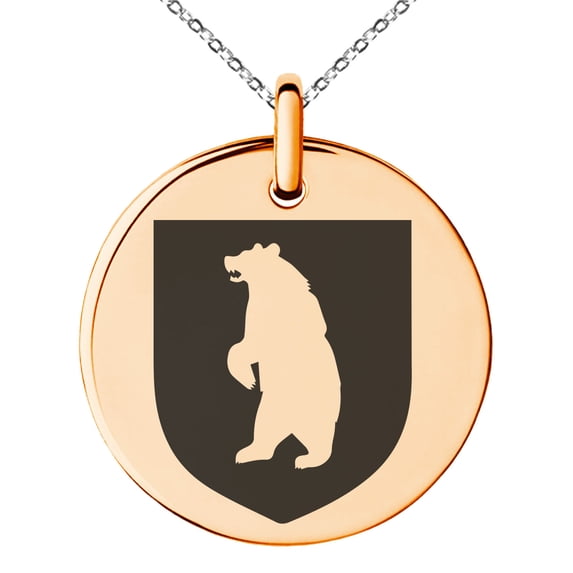 Stainless Steel Bear Ferocity Coat of Arms Shield Engraved Small Medallion Circle Charm Pendant Necklace