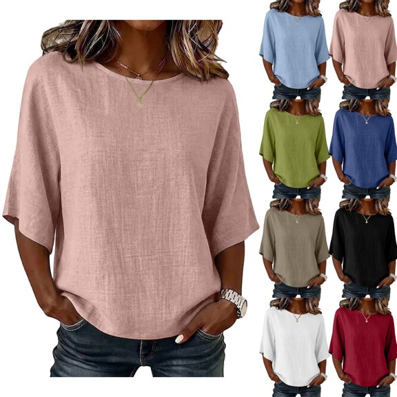 Women's Summer T Shirts Cotton Linen Blouse Casual Crew Neck Pullover Loose Lightweight Tops by Yigetop Black L