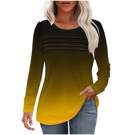 Lenpel Women's Long Sleeve Shirts Casual Loose Crew Neck Gradient Tunic Tops Fashion Spring Fall Blouses