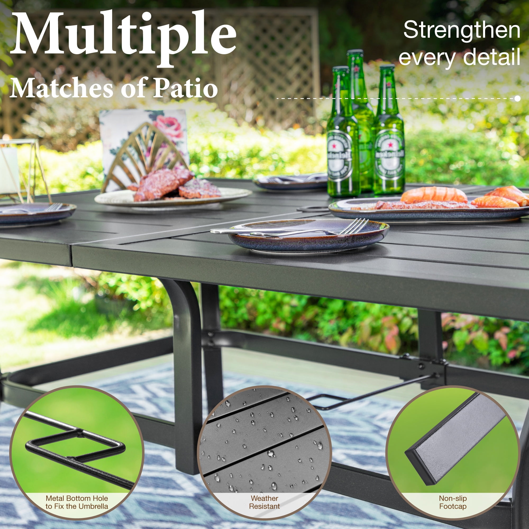 MF Studio 7-Piece Outdoor Patio Dining Set with Cushioned Chairs & 6-Person Table with Umbrella Hole, All-Weather, Black & Beige