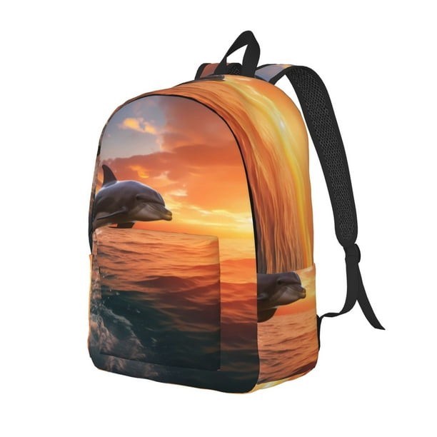 Disketp Sunset Dancing Dolphin B print Canvas Backpack Lightweight Travel Daypack Student Rucksack Laptop Backpack-