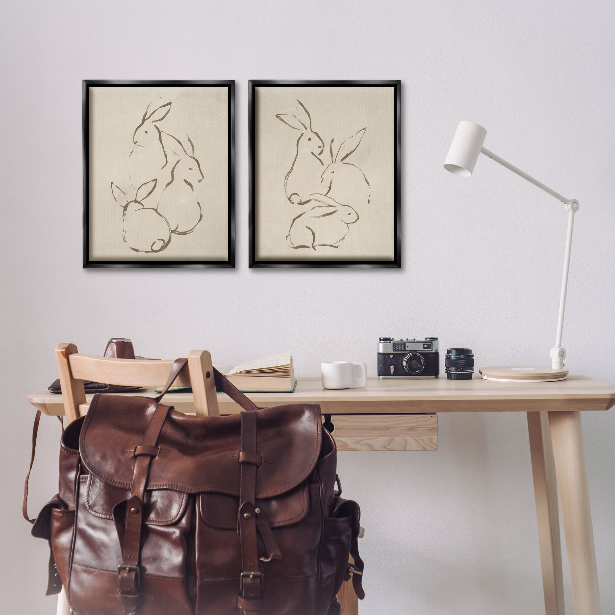 Stupell Industries Earthtone Sitting Rabbits Sketch Animals Drawing Black Floater Framed Canvas Art Print Wall Art, 17 x 21, Set of 2