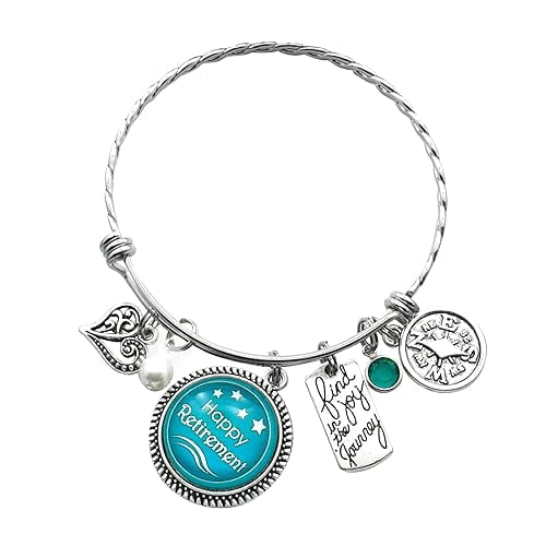 Retirement Bangle Bracelet in Stainless Steel with Silver Toned Charms. Retirement Gift for Women.